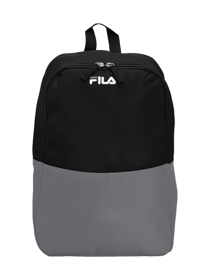 Mochila escolar FILA bicolor en negro y gris con logotipo blanco frontal.