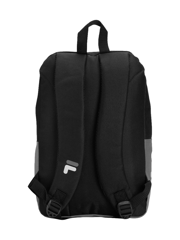 Mochila escolar FILA bicolor en negro y gris con logotipo blanco frontal.