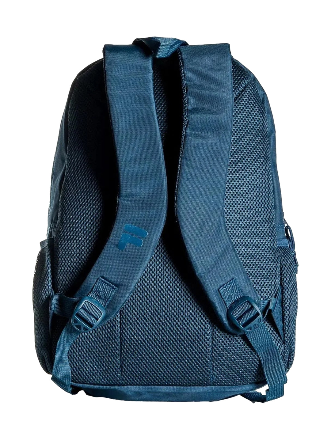 Mochila escolar FILA de color azul marino con compartimentos frontales y bolsillos laterales de malla.