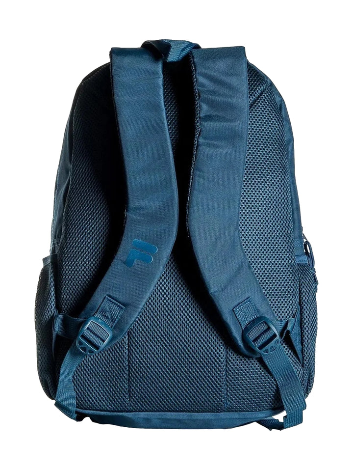 Mochila escolar FILA de color azul marino con compartimentos frontales y bolsillos laterales de malla.