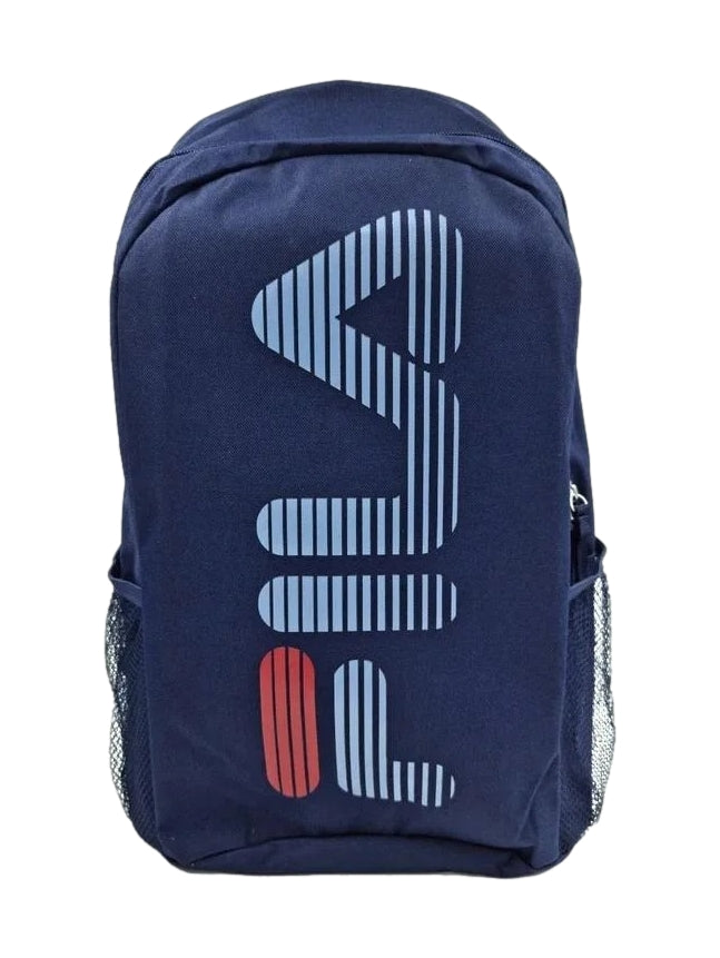 Mochila escolar FILA color azul marino con logotipo frontal y bolsillos laterales de malla.