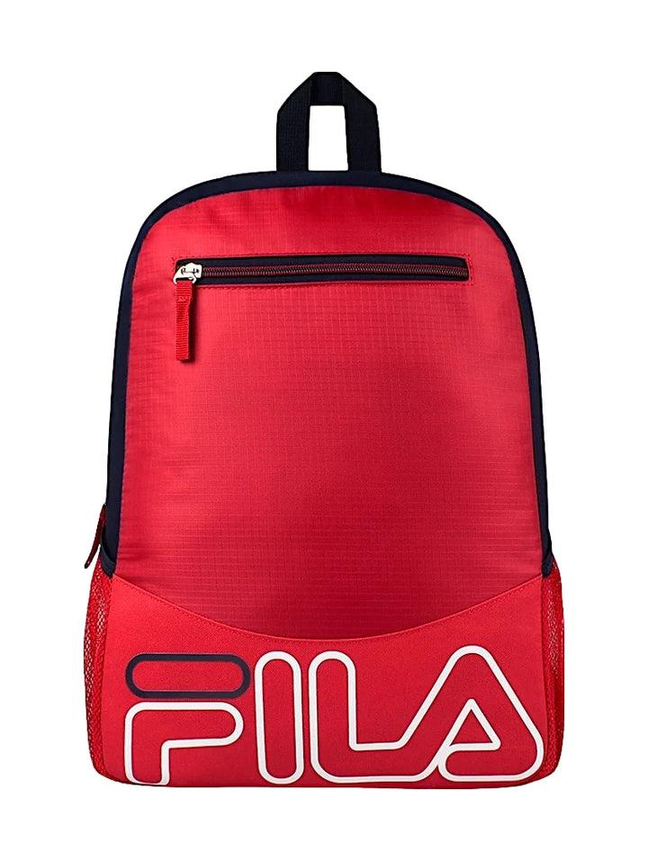 Mochila escolar FILA color rojo con detalles en azul marino y logotipo blanco frontal.