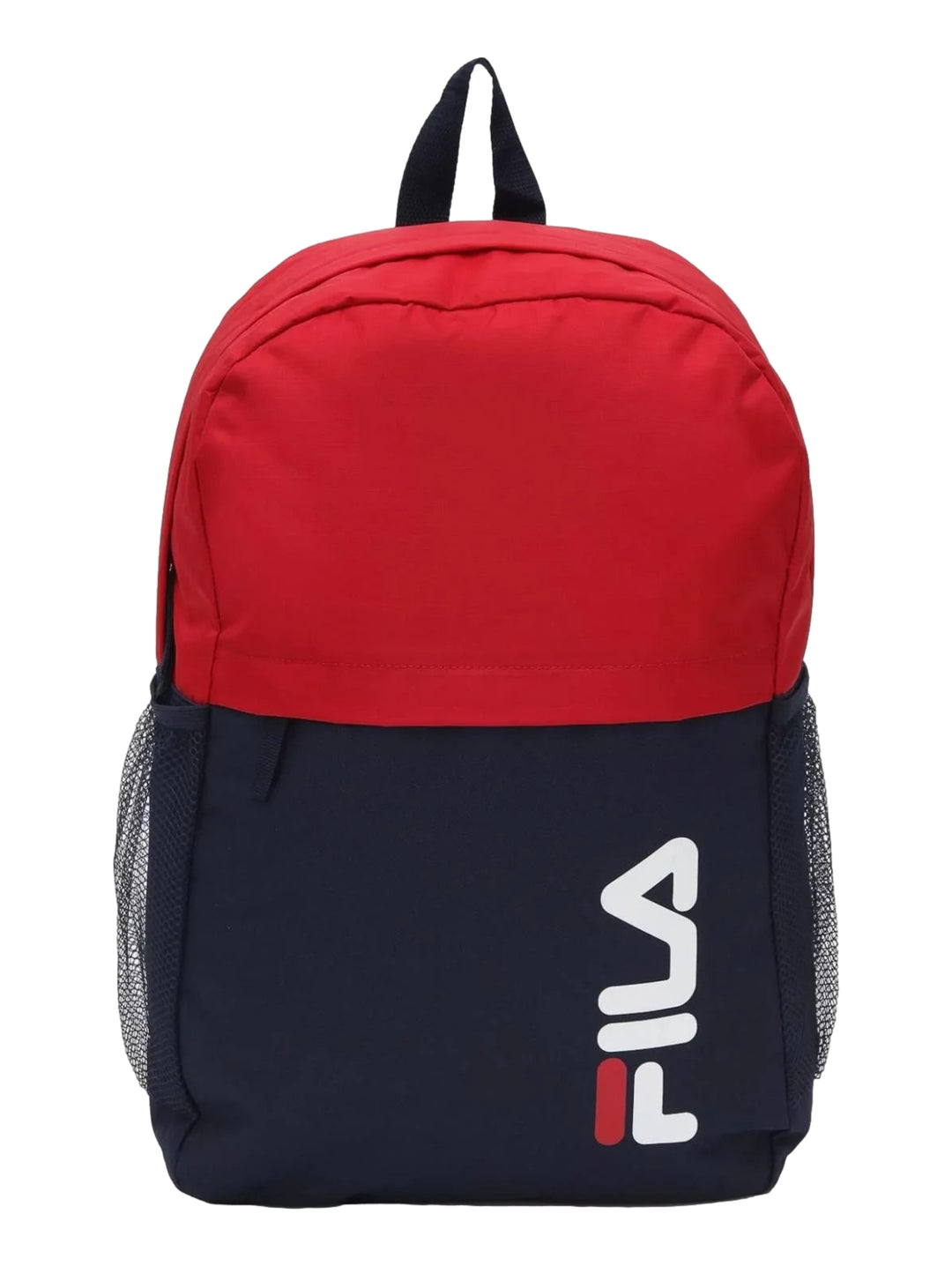 Mochila escolar FILA bicolor en colores rojo y azul marino con bolsillos laterales de malla.