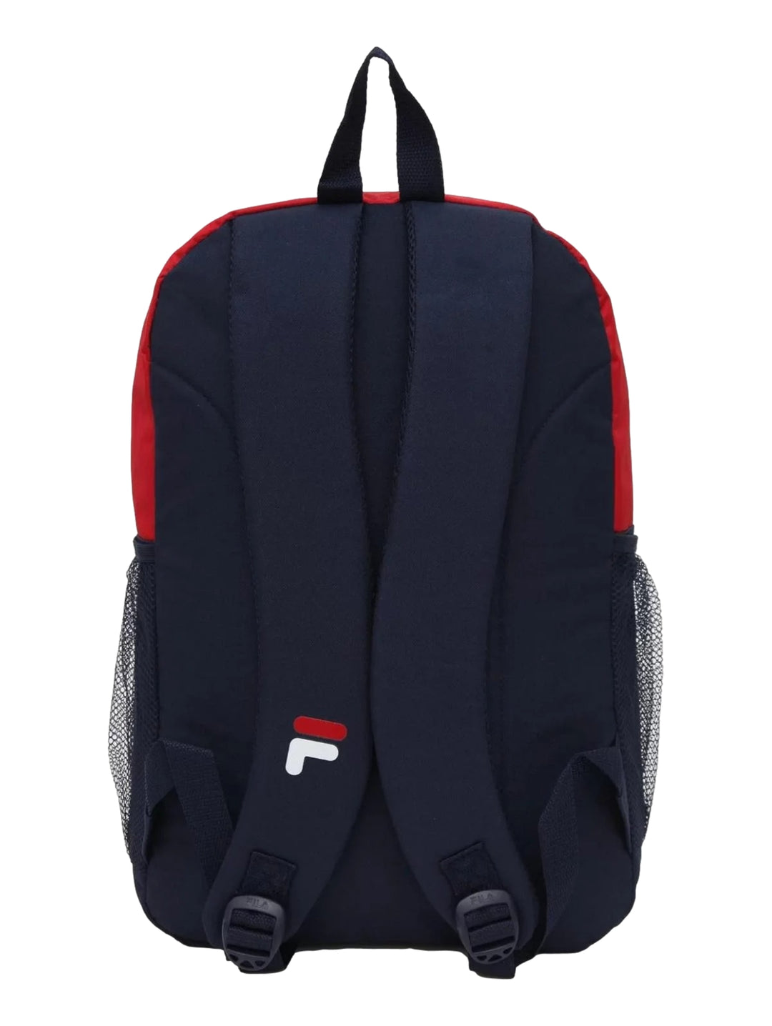 Mochila escolar FILA bicolor en colores rojo y azul marino con bolsillos laterales de malla.
