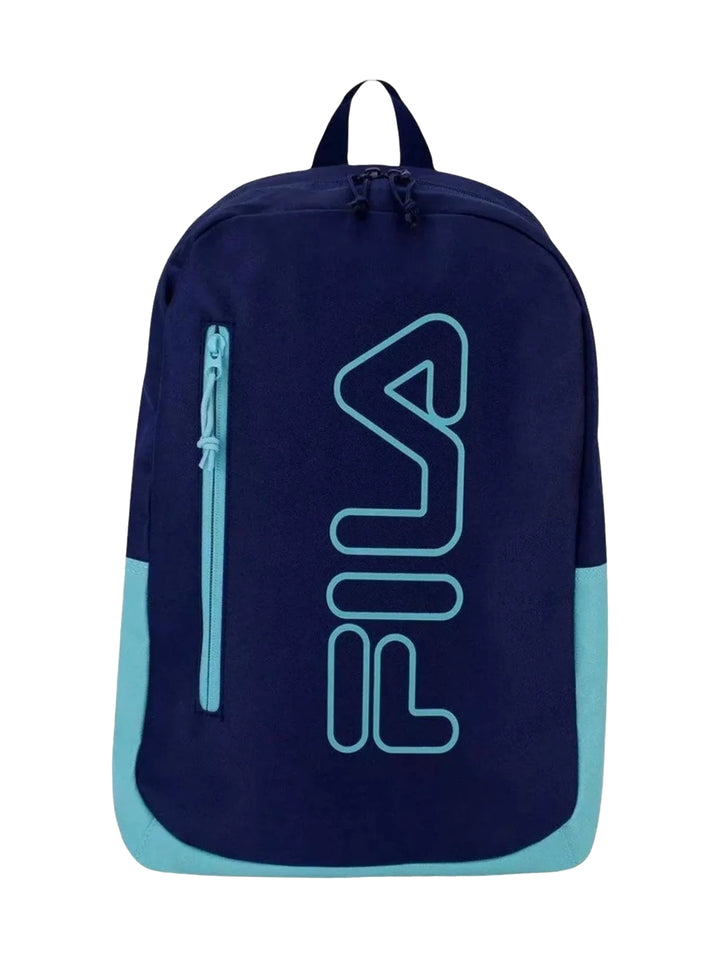 Mochila escolar FILA color azul marino con base y logotipo en color verde menta.