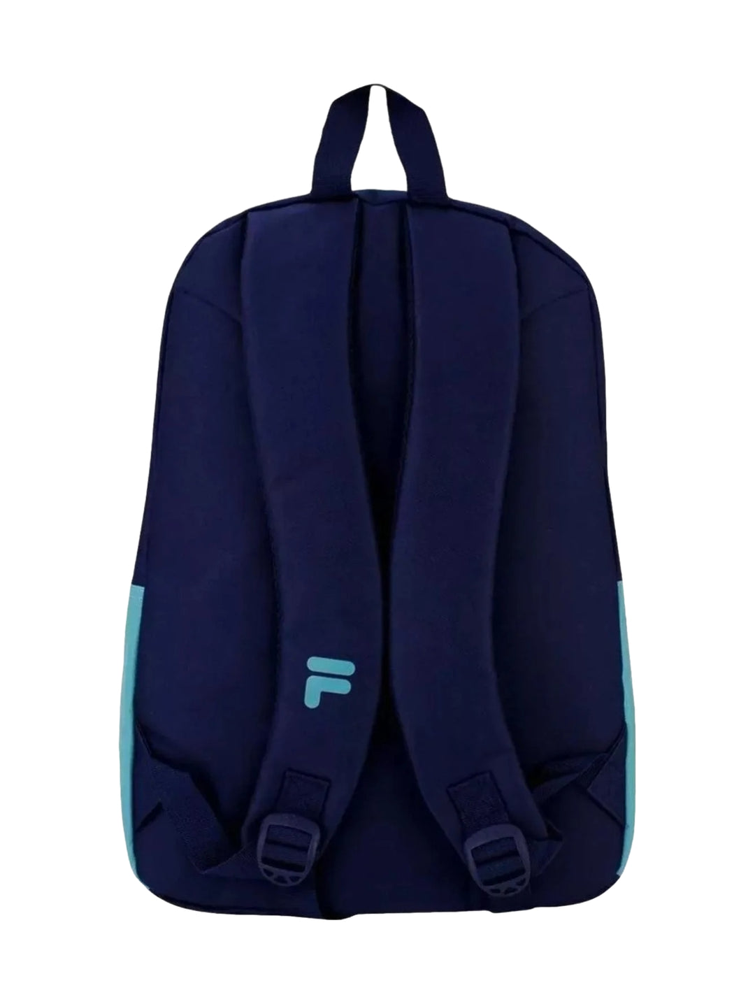 Mochila escolar FILA color azul marino con base y logotipo en color verde menta.