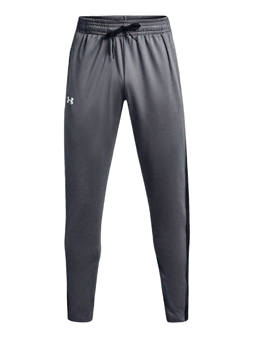 Pantalones deportivos Under Armour en color gris con franjas negras laterales y logotipo blanco.