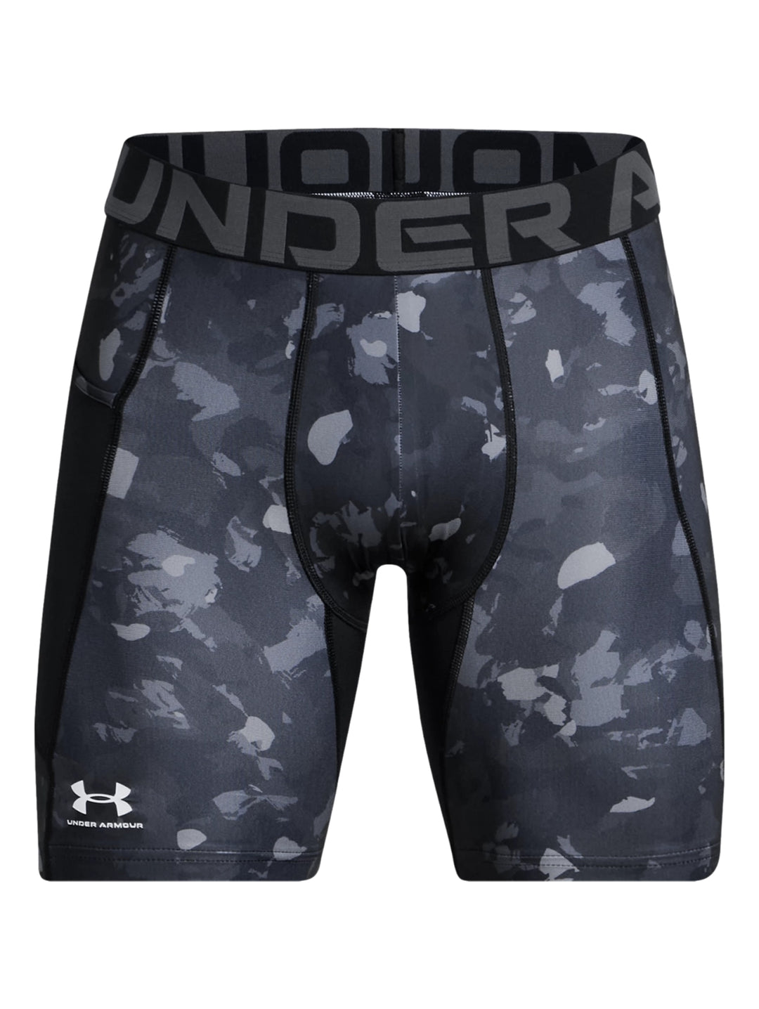 Shorts de compresión Under Armour para hombre en color negro y gris con diseño de camuflaje.