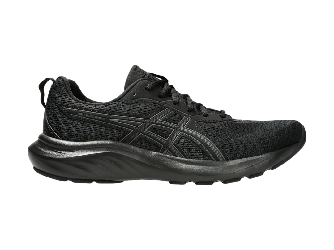 Tenis deportivos ASICS Gel Contend 9 en color negro, vista lateral sobre fondo blanco.