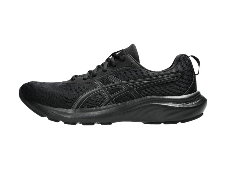 Tenis deportivos ASICS Gel Contend 9 en color negro, vista lateral sobre fondo blanco.