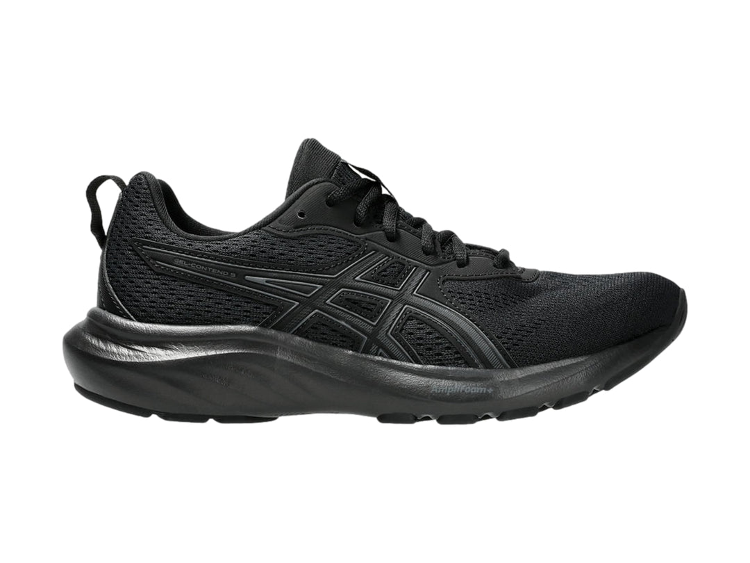 Tenis deportivos ASICS color negro con malla transpirable y suela negra.