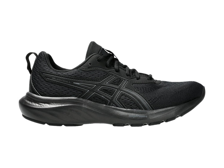 Tenis deportivos ASICS color negro con malla transpirable y suela negra.