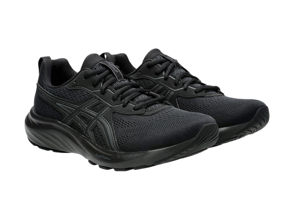 Tenis deportivos ASICS color negro con malla transpirable y suela negra.