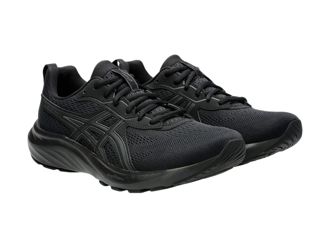 Tenis deportivos ASICS color negro con malla transpirable y suela negra.