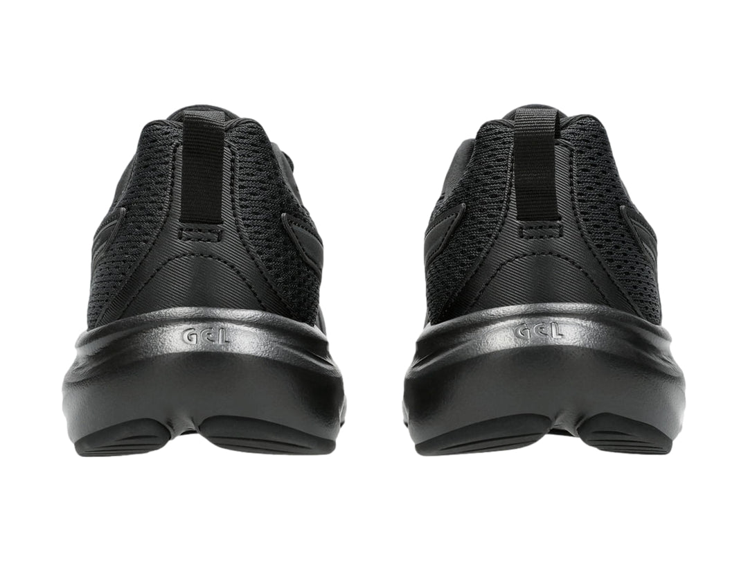 Tenis deportivos ASICS color negro con malla transpirable y suela negra.