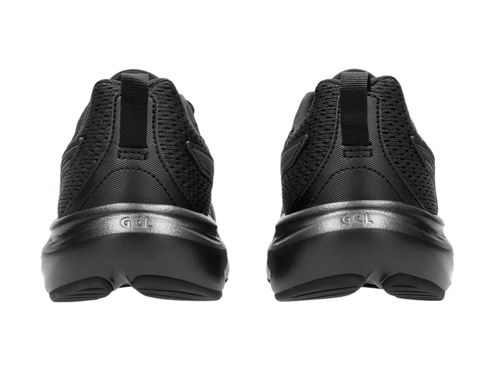 Tenis deportivos ASICS color negro con malla transpirable y suela negra.
