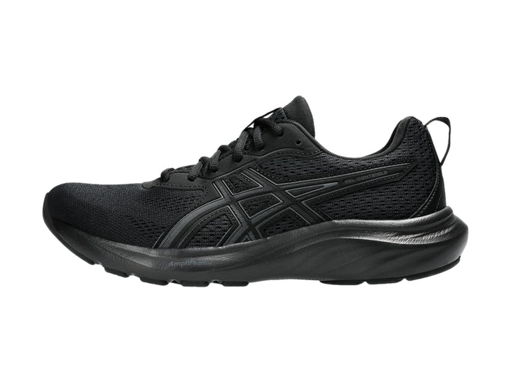 Tenis deportivos ASICS color negro con malla transpirable y suela negra.