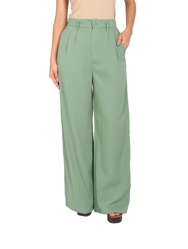 Pantalón recto de color verde militar para mujer con corte ancho y cintura alta.