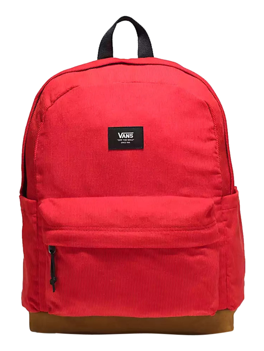 Mochila escolar Vans color rojo racing red con base marrón y detalles en negro.