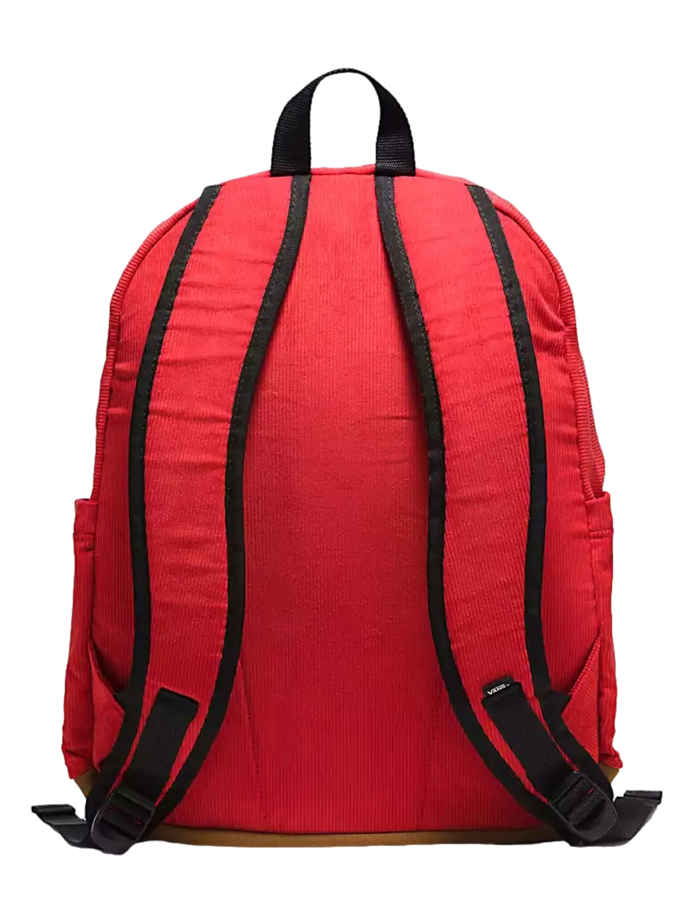 Mochila escolar Vans color rojo racing red con base marrón y detalles en negro.