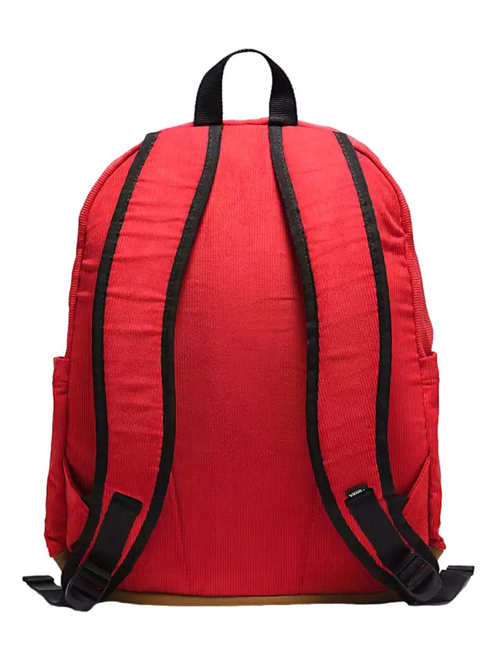 Mochila escolar Vans color rojo racing red con base marrón y detalles en negro.