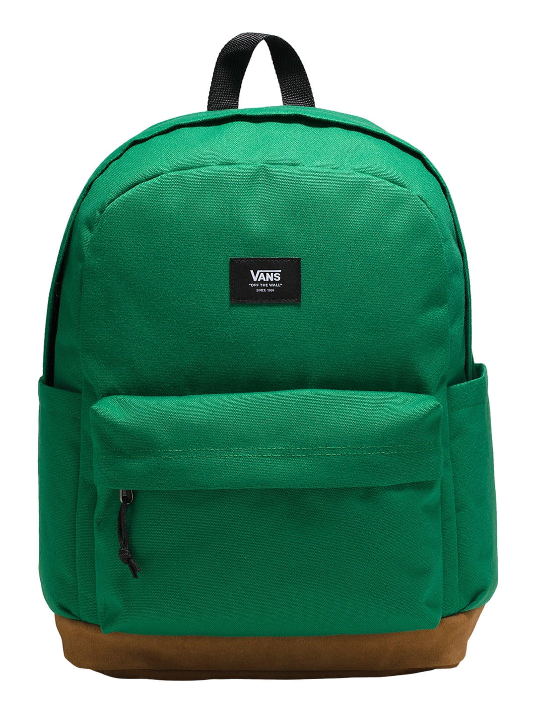 Mochila Vans color verde con base marrón y bolsillo frontal.