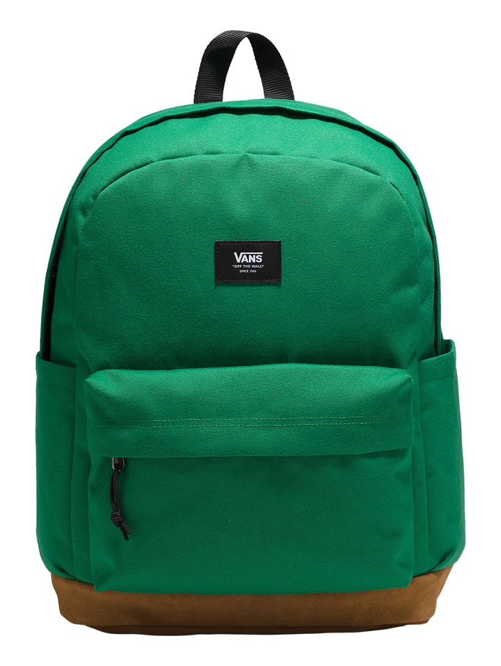 Mochila Vans color verde con base marrón y bolsillo frontal.