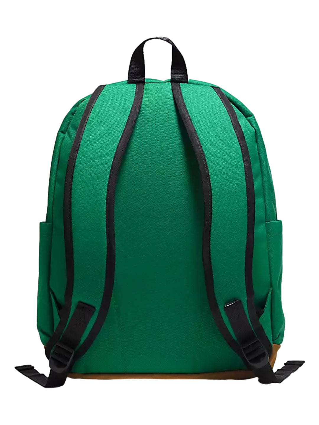 Mochila Vans color verde con base marrón y bolsillo frontal.