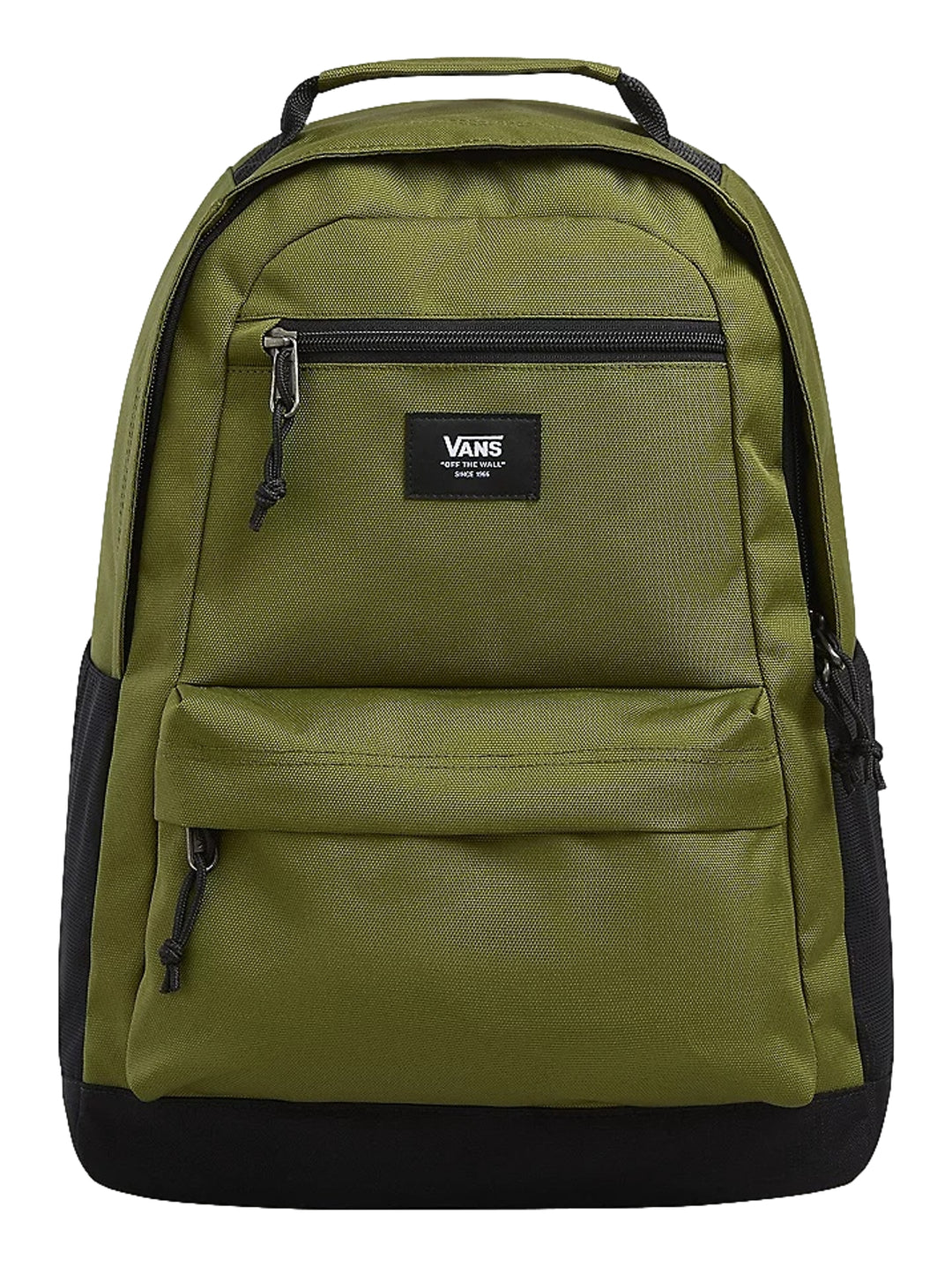 Mochila escolar Vans color verde pesto con detalles y base en color negro.