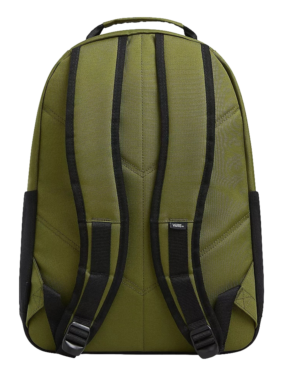 Mochila escolar Vans color verde pesto con detalles y base en color negro.