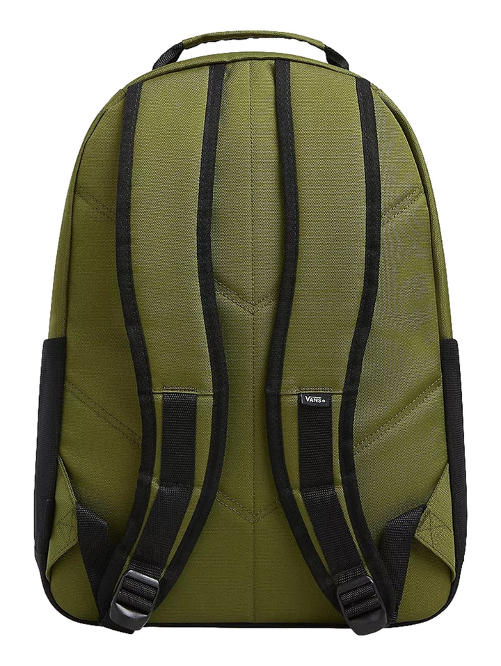 Mochila escolar Vans color verde pesto con detalles y base en color negro.