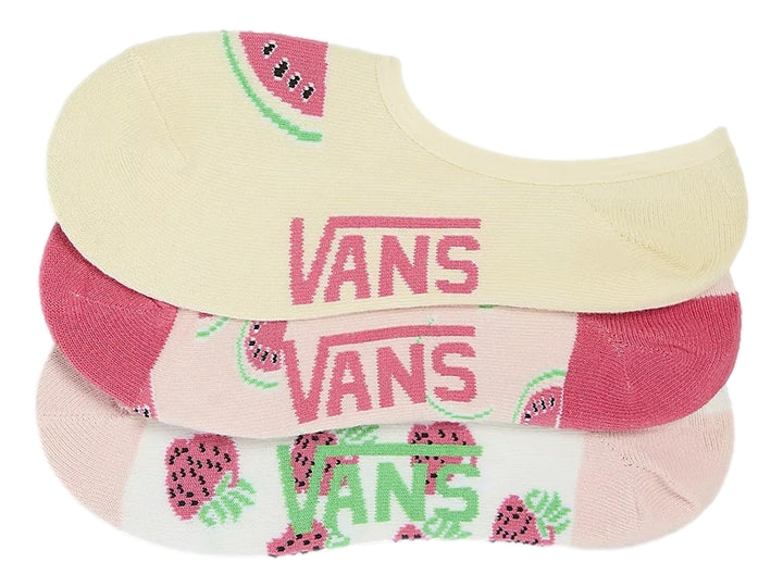 Paquete de tres pares de calcetines cortos Vans con estampados de frutas en colores rosa, crema y blanco.