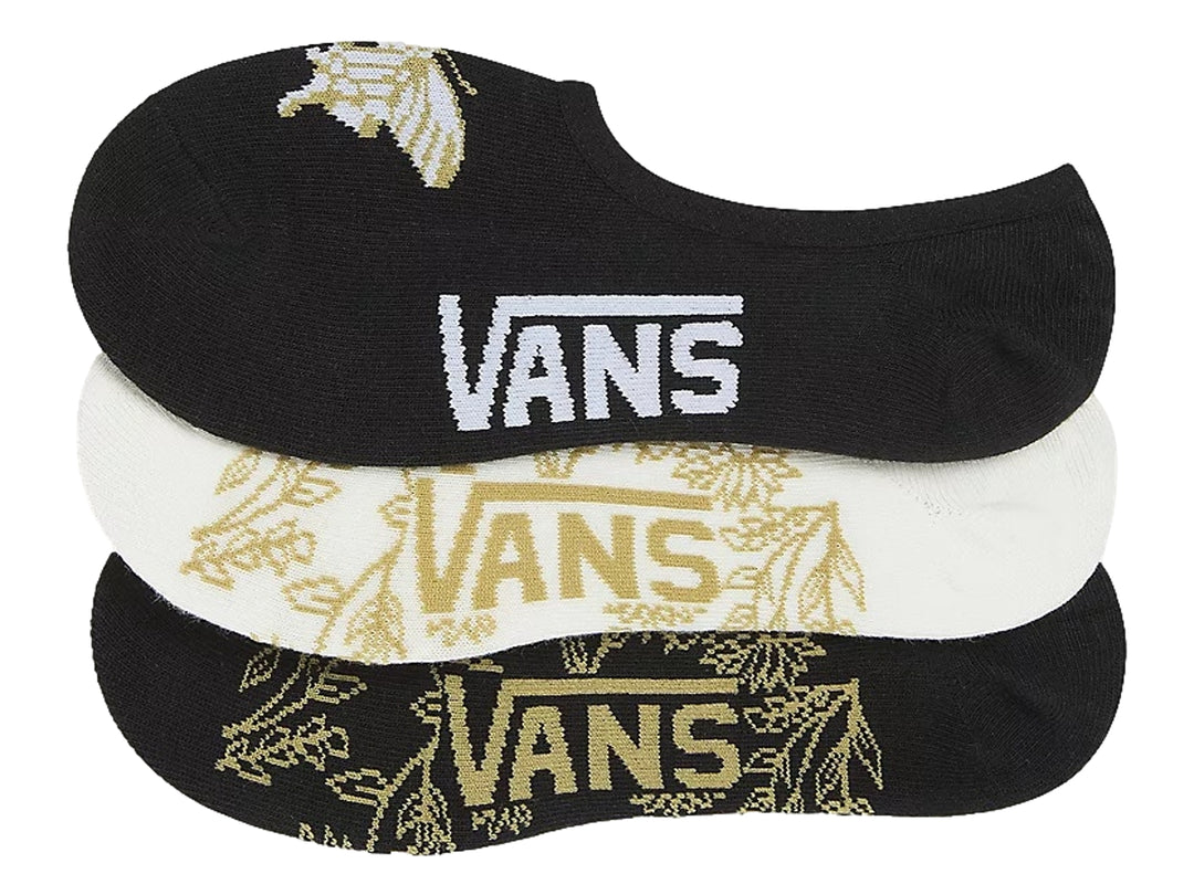 Pack de tres pares de calcetines cortos Vans en colores negro y blanco con logotipos contrastantes.