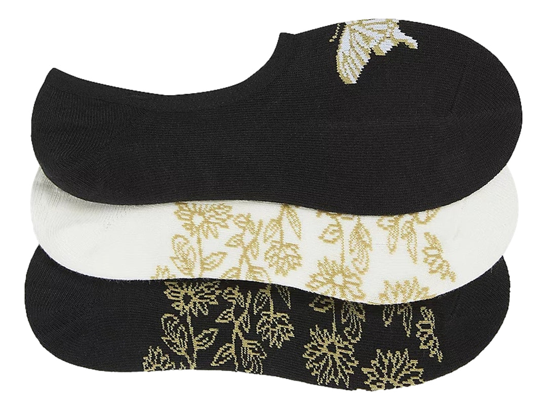 Pack de tres pares de calcetines cortos Vans en colores negro y blanco con logotipos contrastantes.