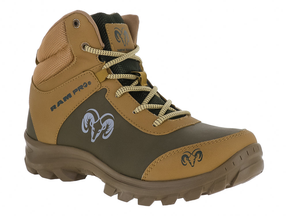 Bota táctica RAM de corte alto en colores coyote y olivo con suela track.