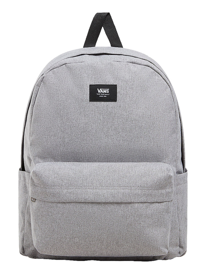 Mochila escolar VANS de color gris jaspeado con un bolsillo frontal y logotipo negro.