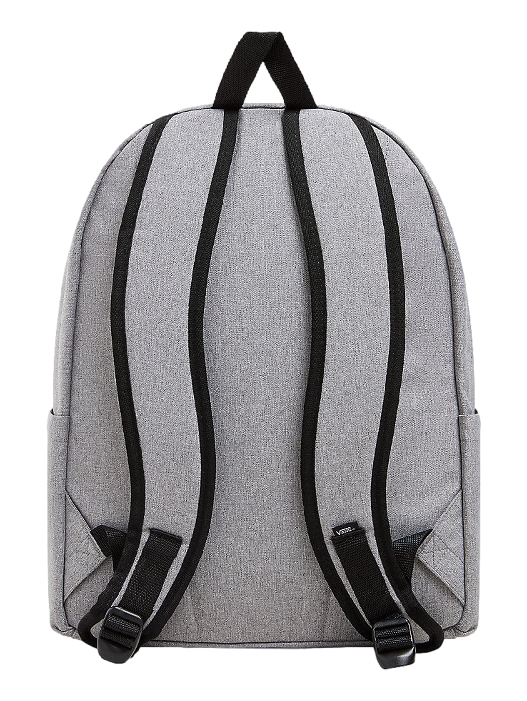 Mochila escolar VANS de color gris jaspeado con un bolsillo frontal y logotipo negro.