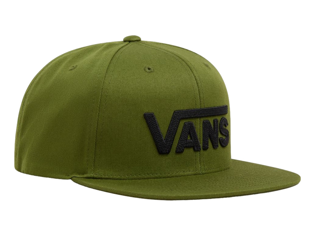 Gorra snapback de color verde pesto con el logotipo de VANS bordado en negro en la parte frontal.
