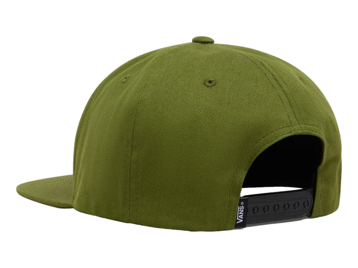 Gorra snapback de color verde pesto con el logotipo de VANS bordado en negro en la parte frontal.