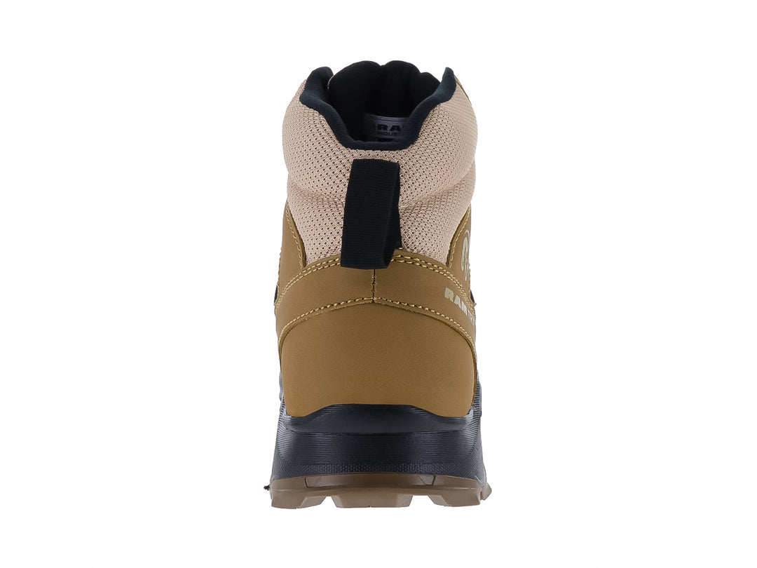 Bota táctica RAM color coyote beige con detalles y suela en color negro.
