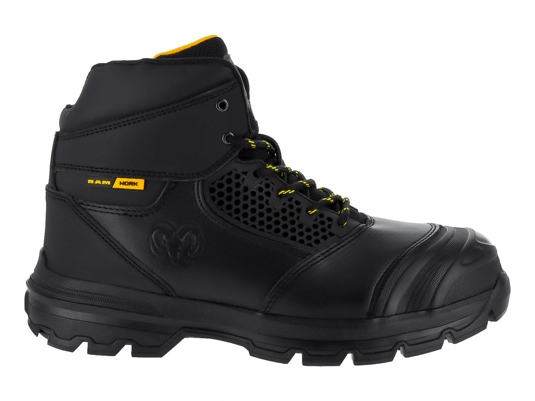 Bota de seguridad RAM color negro con detalles en amarillo, fabricada en cuero y sintético con suela gruesa.