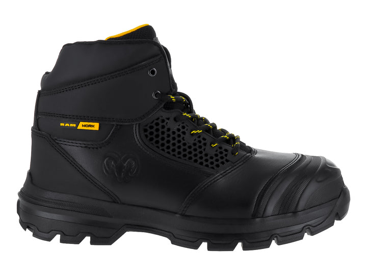 Bota de seguridad RAM color negro con detalles en amarillo, fabricada en cuero y sintético con suela gruesa.