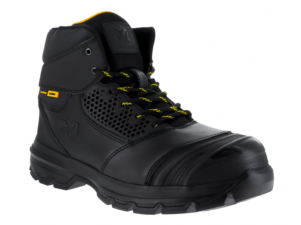 Bota de seguridad RAM color negro con detalles en amarillo, fabricada en cuero y sintético con suela gruesa.