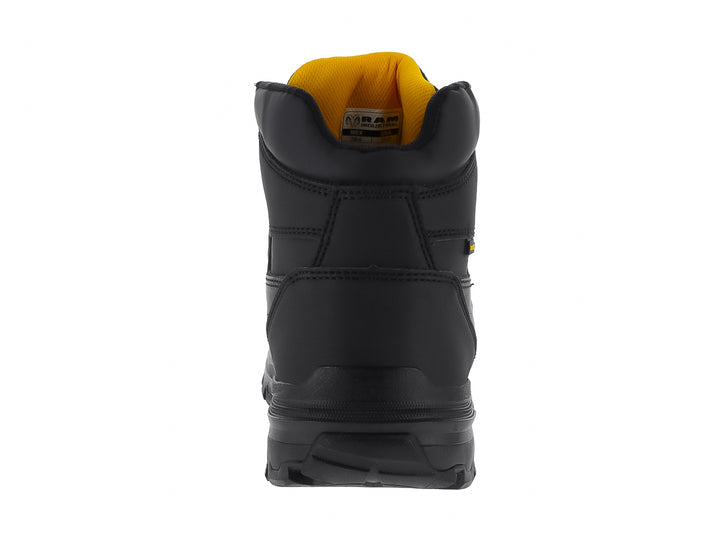 Bota de seguridad RAM color negro con detalles en amarillo, fabricada en cuero y sintético con suela gruesa.