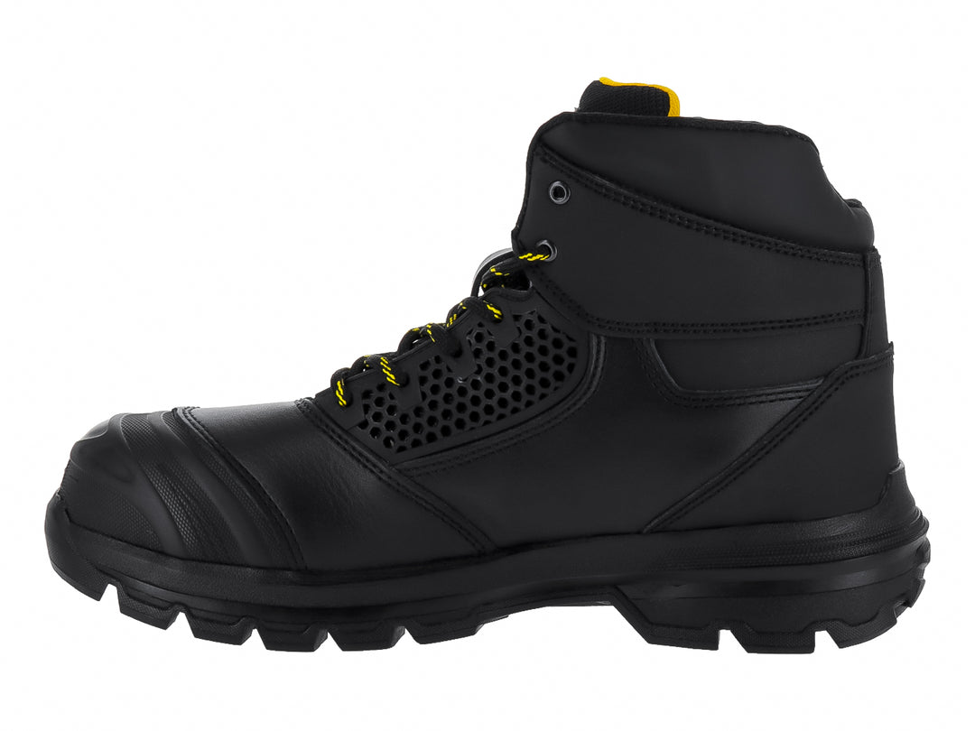 Bota de seguridad RAM color negro con detalles en amarillo, fabricada en cuero y sintético con suela gruesa.
