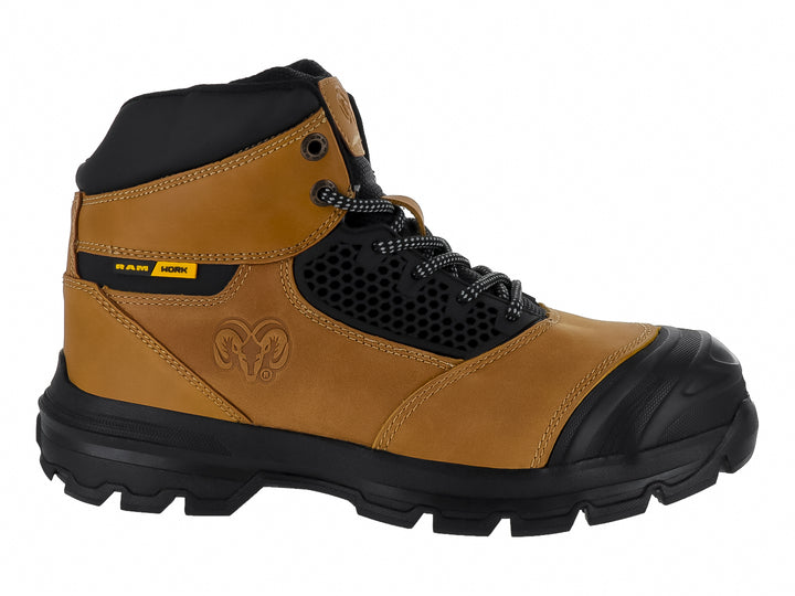 Bota de seguridad industrial color miel y negro con punta reforzada y suela de hule.