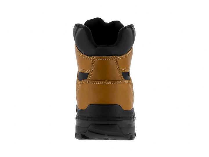 Bota de seguridad industrial color miel y negro con punta reforzada y suela de hule.