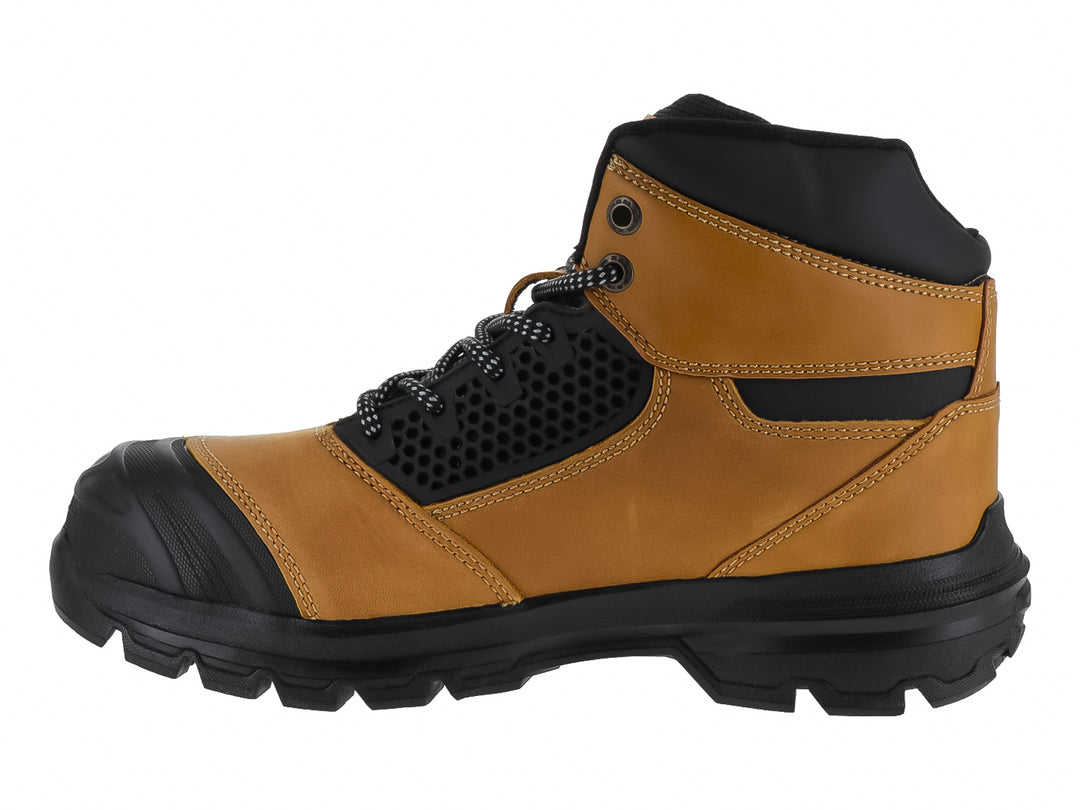 Bota de seguridad industrial color miel y negro con punta reforzada y suela de hule.