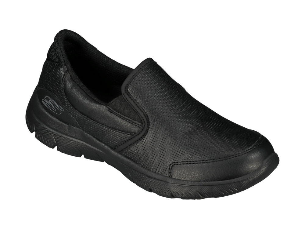 Zapato deportivo Skechers color negro, estilo slip-on sin cordones con suela gruesa.