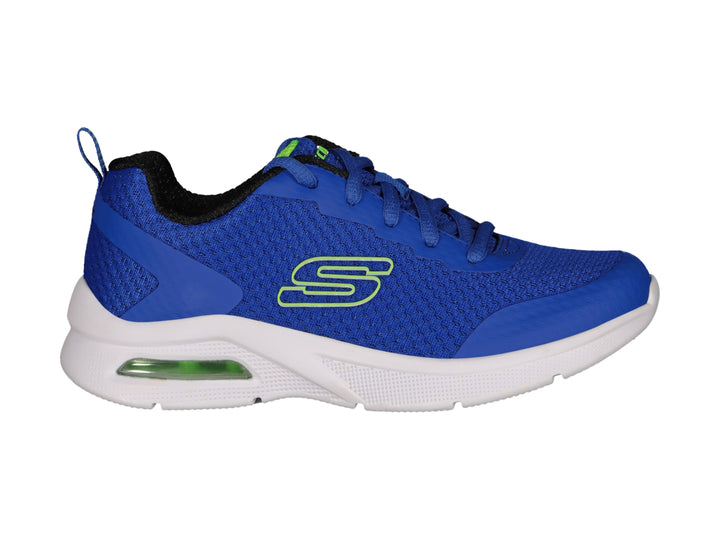 Tenis deportivos Skechers color azul con detalles en verde lima y suela blanca para niño.